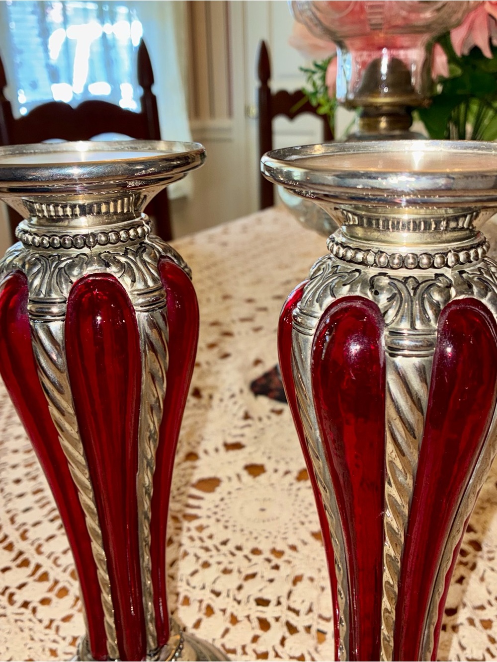 Vintage MCM Bubble Glass Decorative Red Glass and Silver Candle Holders - Pair - Picture 5 of 11